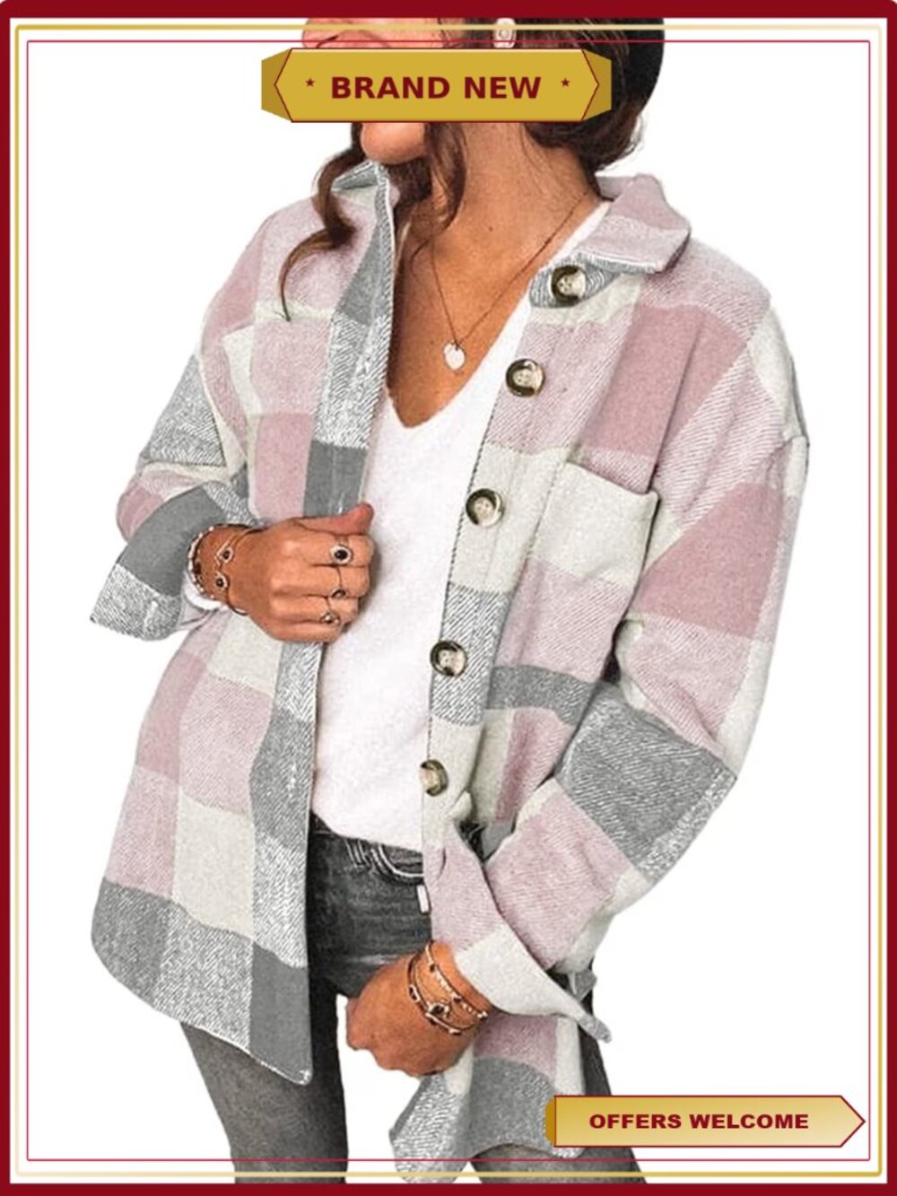 Womens Corduroy Plaid Flannel Shacket Button Down Oversized Long Sleeve Jacket